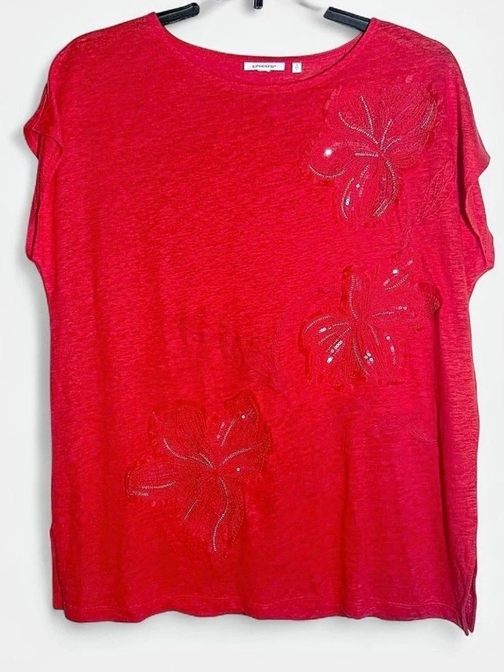 Chico's Linen Embellished Sequin Tunic Red size Large